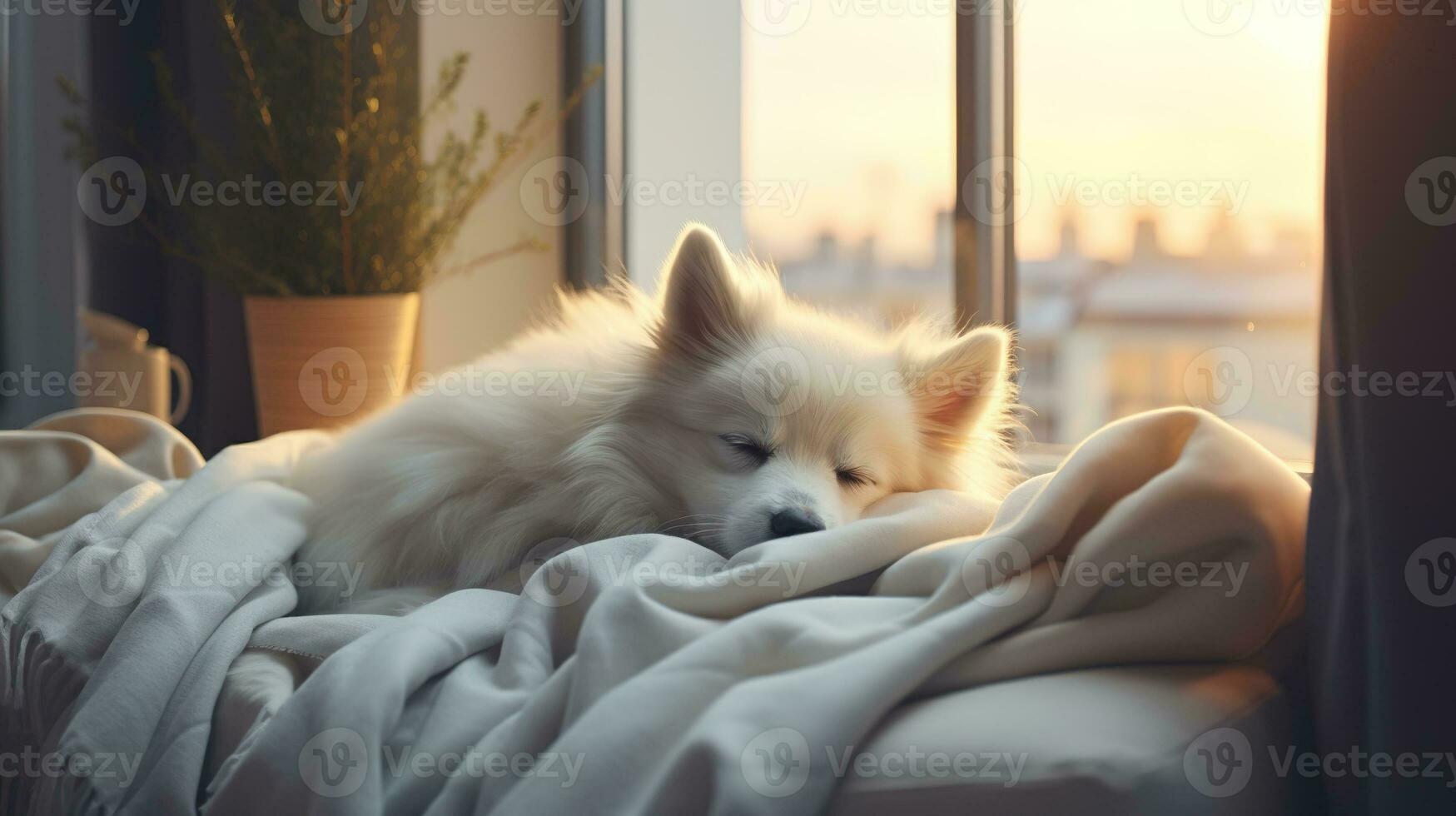 AI generated Generative AI, cute dog sleeping on cozy warm blanket near the window, hygge style photo