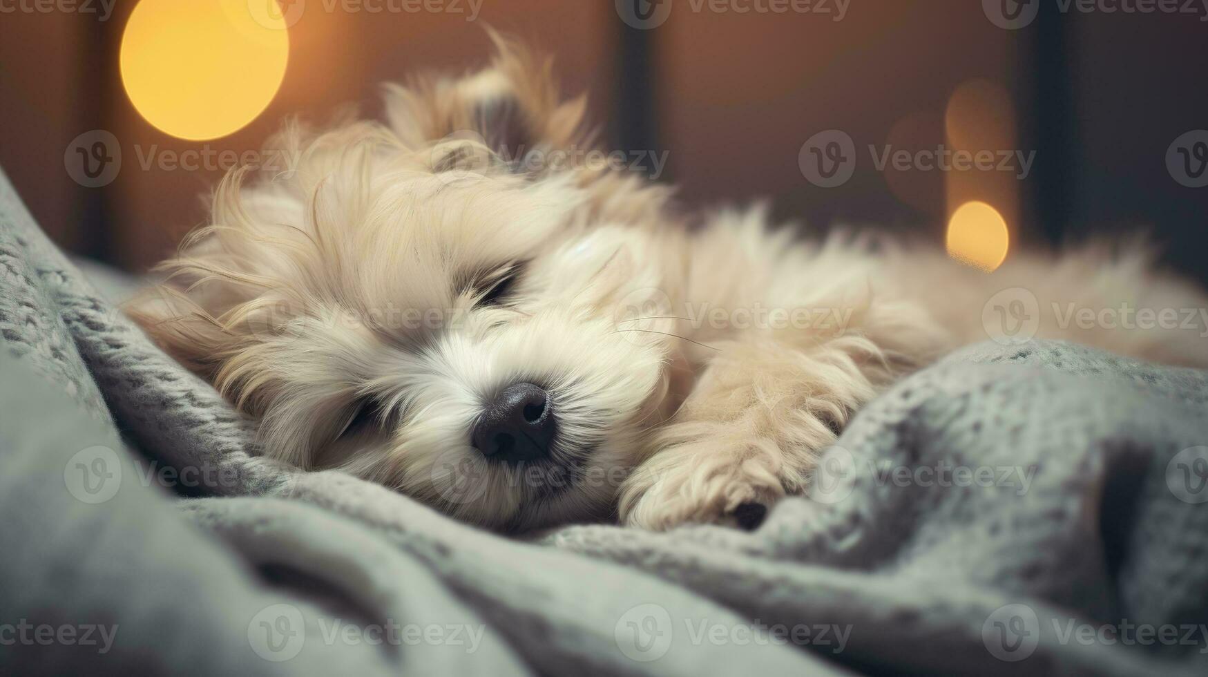 AI generated Generative AI, cute dog sleeping on cozy warm blanket near the window, hygge style photo