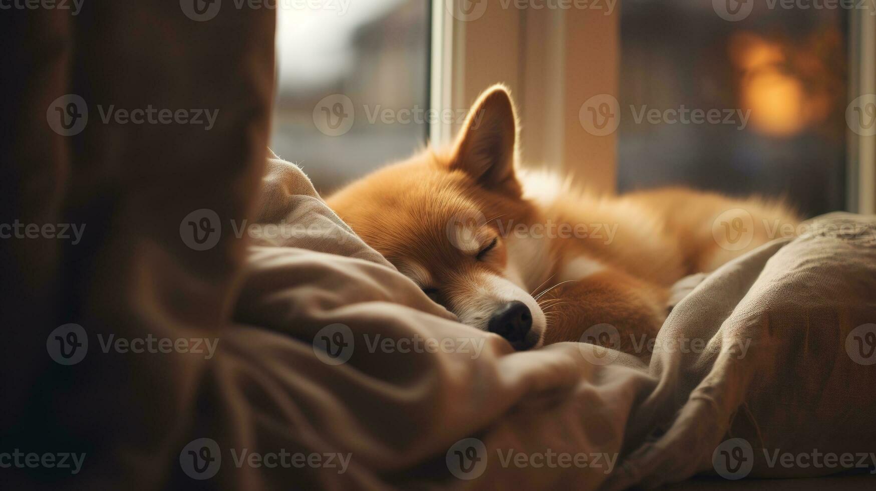 AI generated Generative AI, cute dog sleeping on cozy warm blanket near the window, hygge style photo