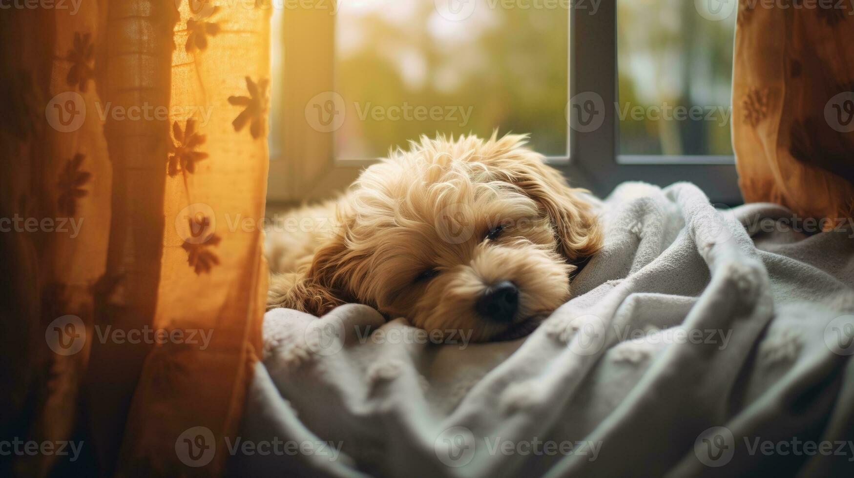 AI generated Generative AI, cute dog sleeping on cozy warm blanket near the window, hygge style photo
