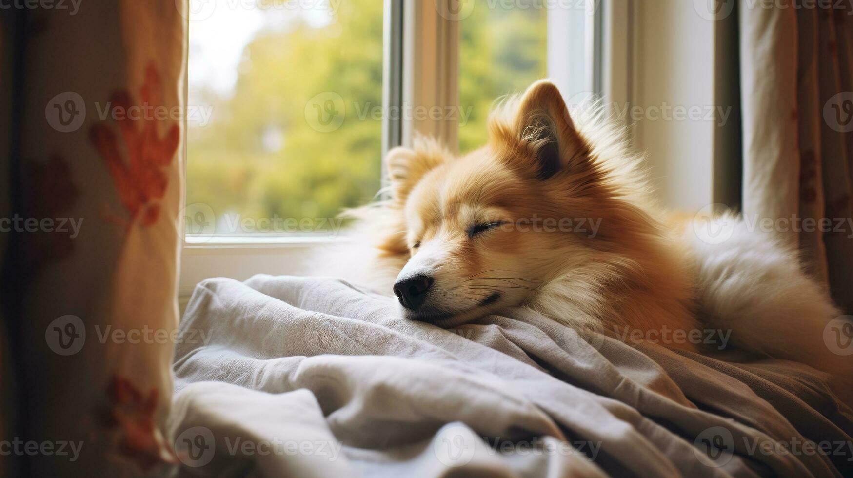 AI generated Generative AI, cute dog sleeping on cozy warm blanket near the window, hygge style photo