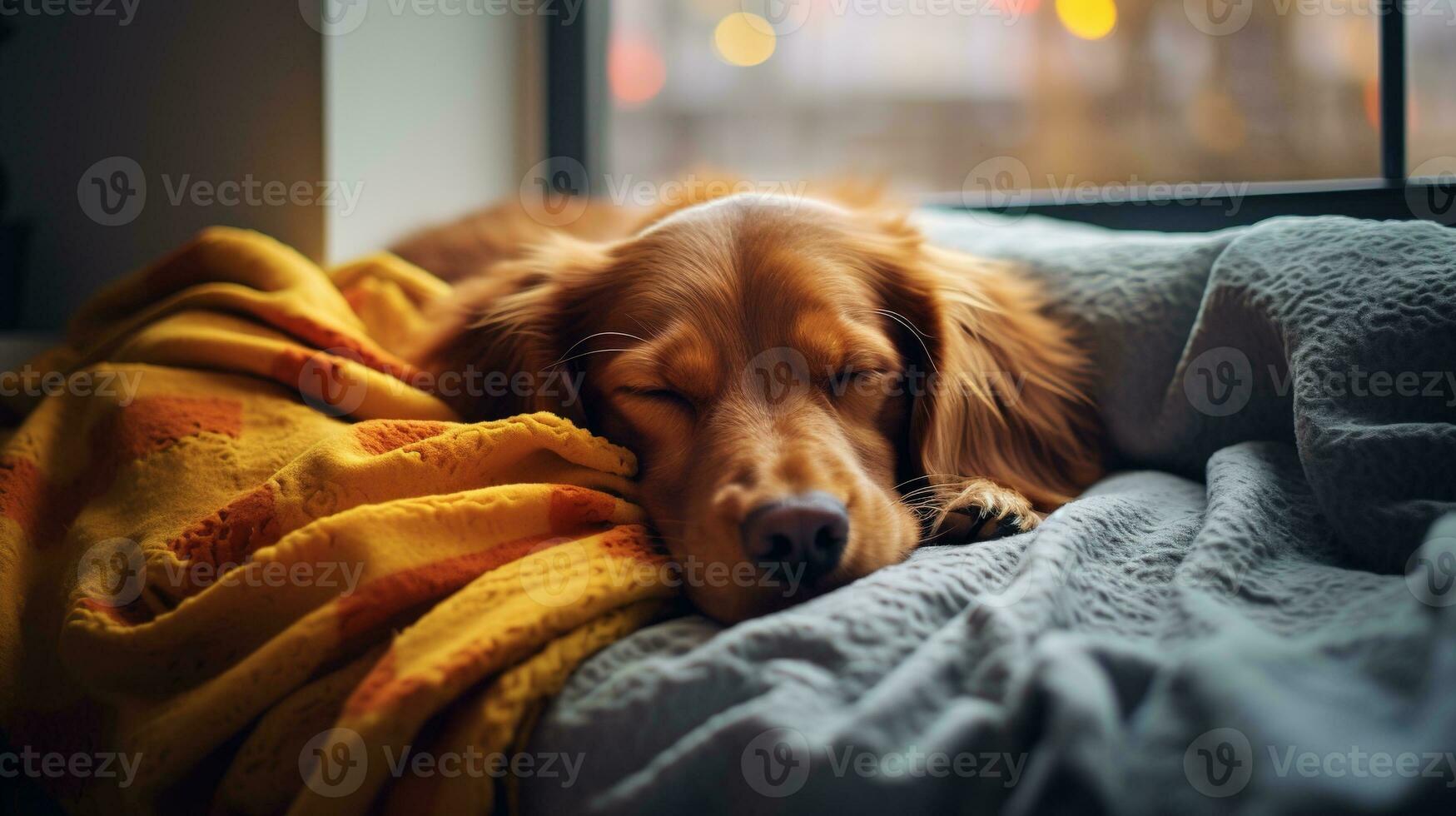 AI generated Generative AI, cute dog sleeping on cozy warm blanket near the window, hygge style photo