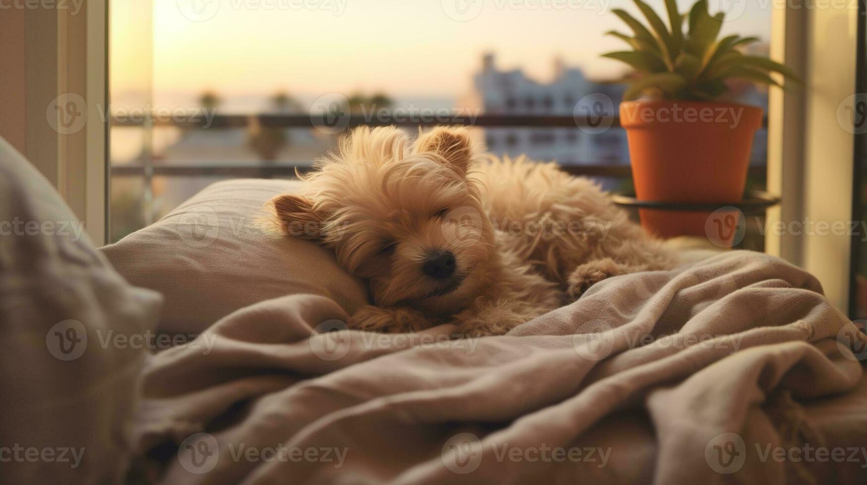 AI generated Generative AI, cute dog sleeping on cozy warm blanket near the window, hygge style photo