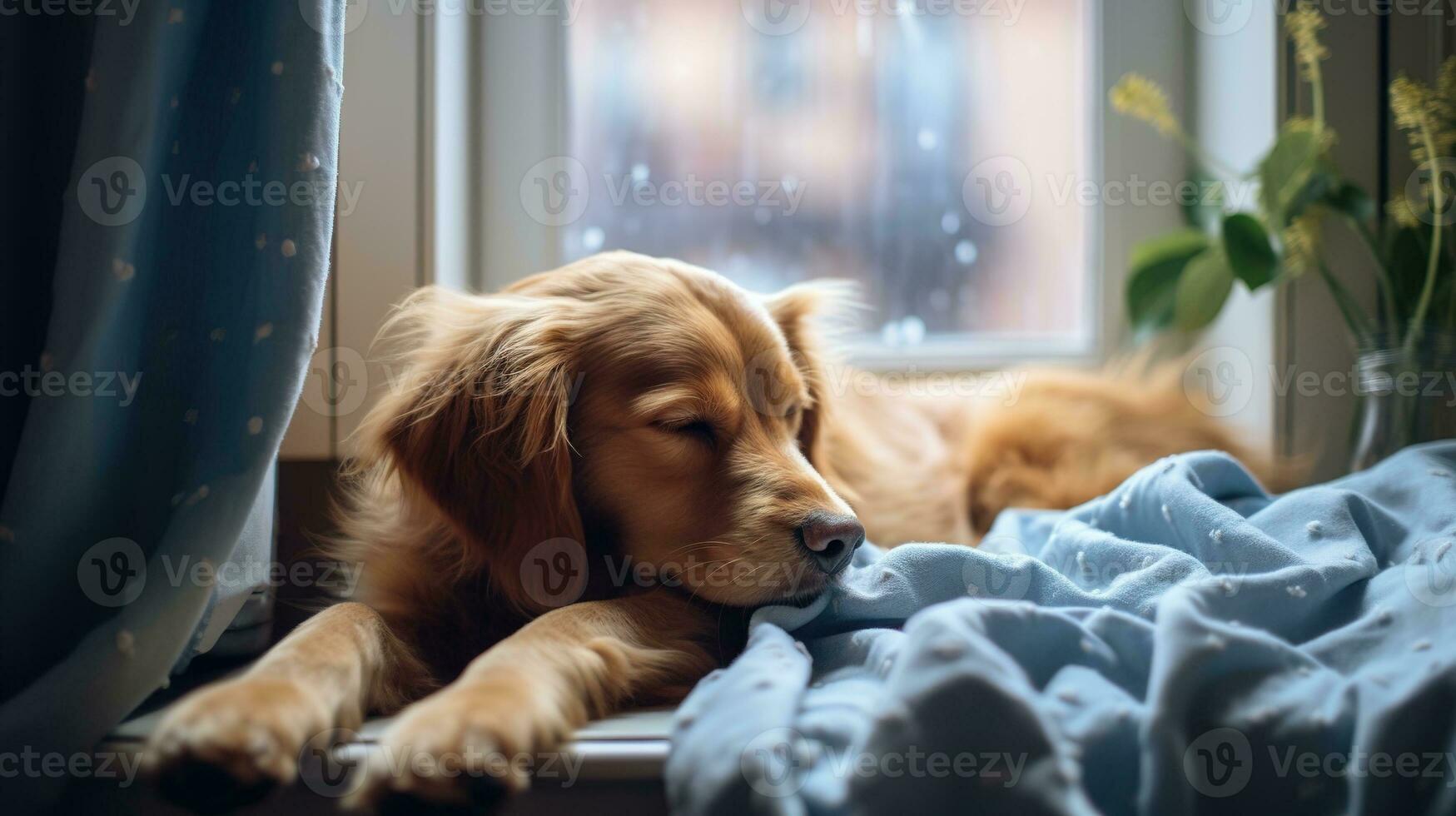 AI generated Generative AI, cute dog sleeping on cozy warm blanket near the window, hygge style photo