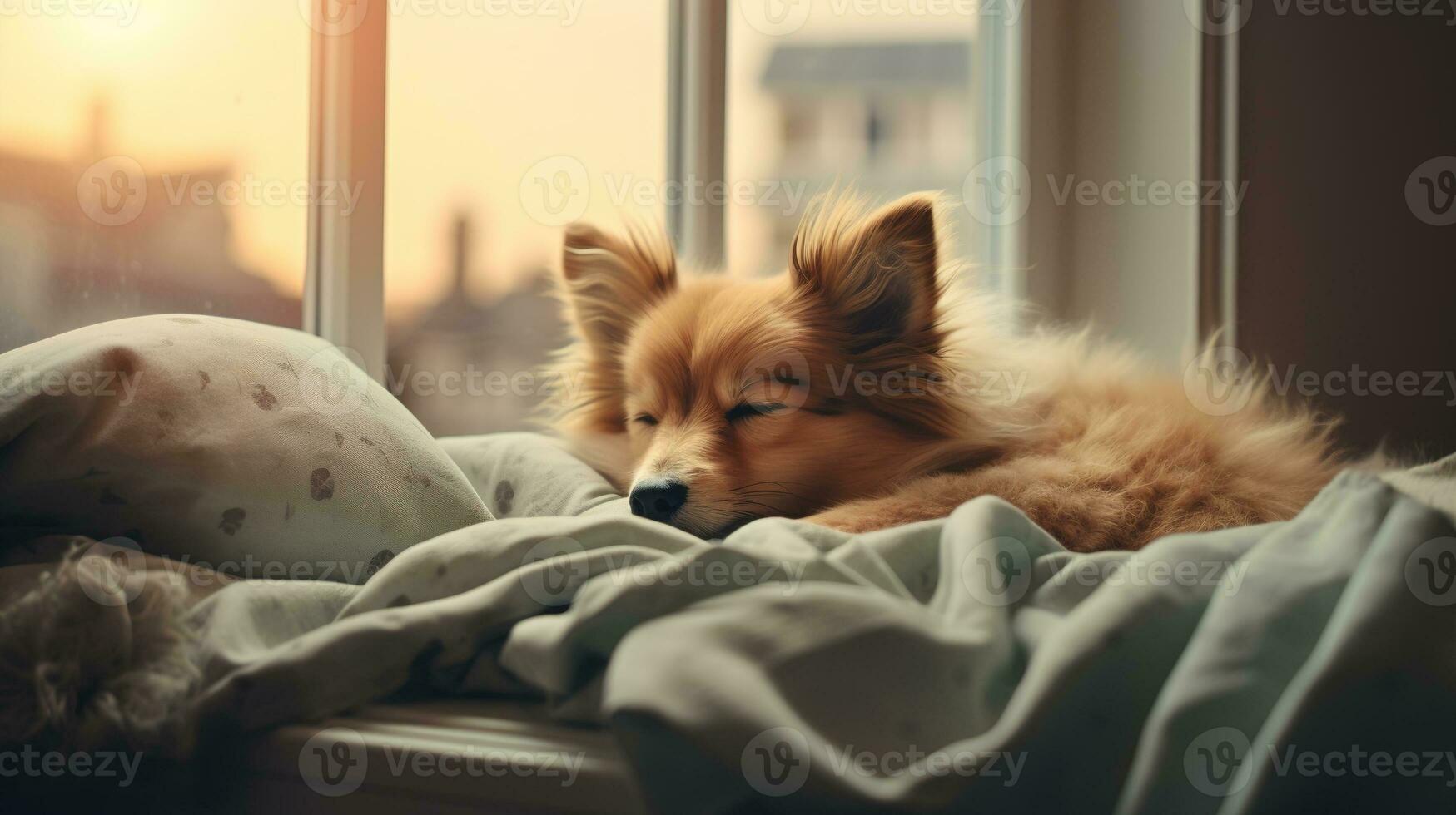 AI generated Generative AI, cute dog sleeping on cozy warm blanket near the window, hygge style photo