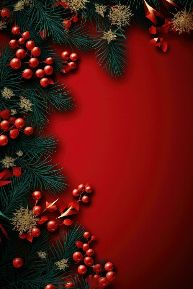 AI generated holiday conifers and holly around red paper background, photo