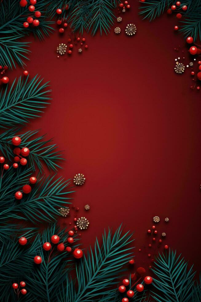 AI generated holiday conifers and holly around red paper background, photo