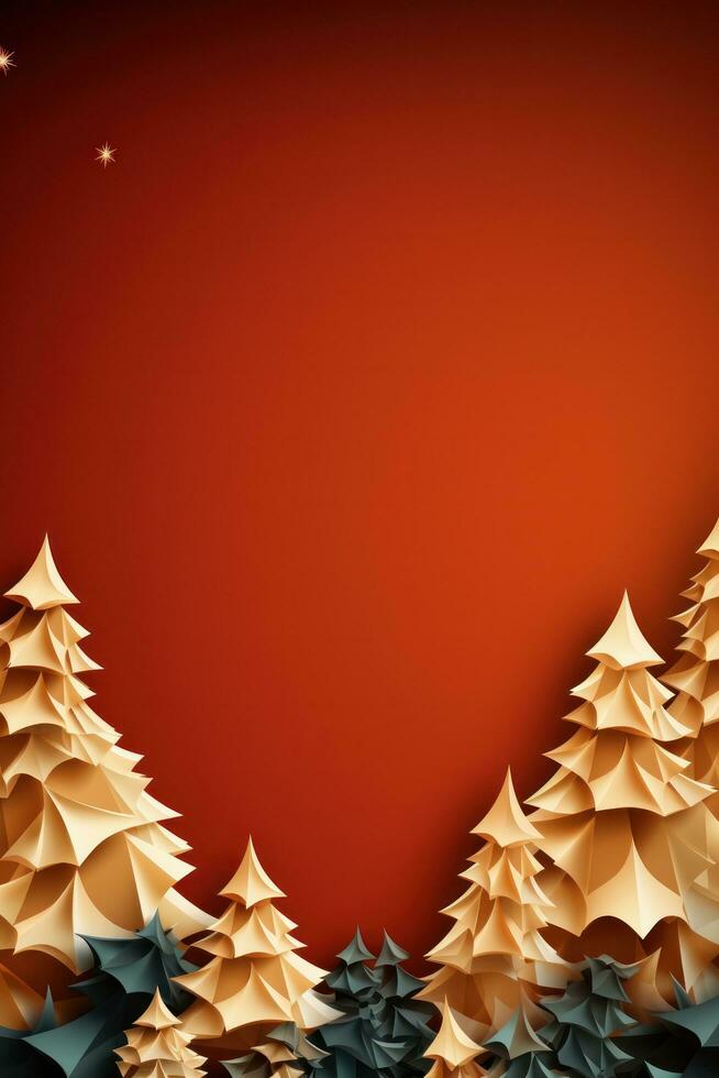 AI generated holiday conifers and holly around red paper background, photo