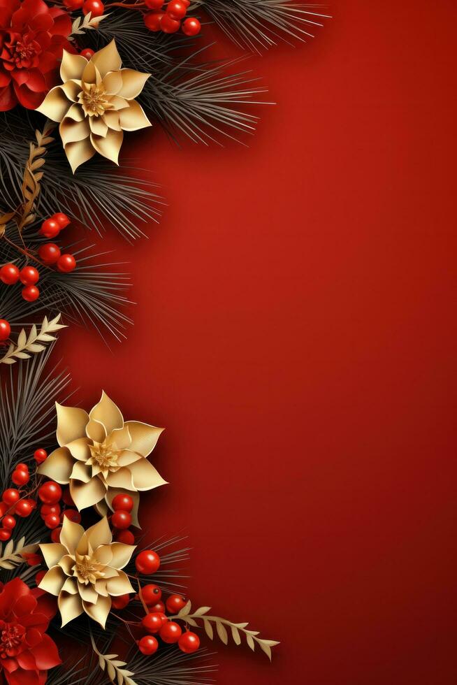 AI generated holiday conifers and holly around red paper background, photo