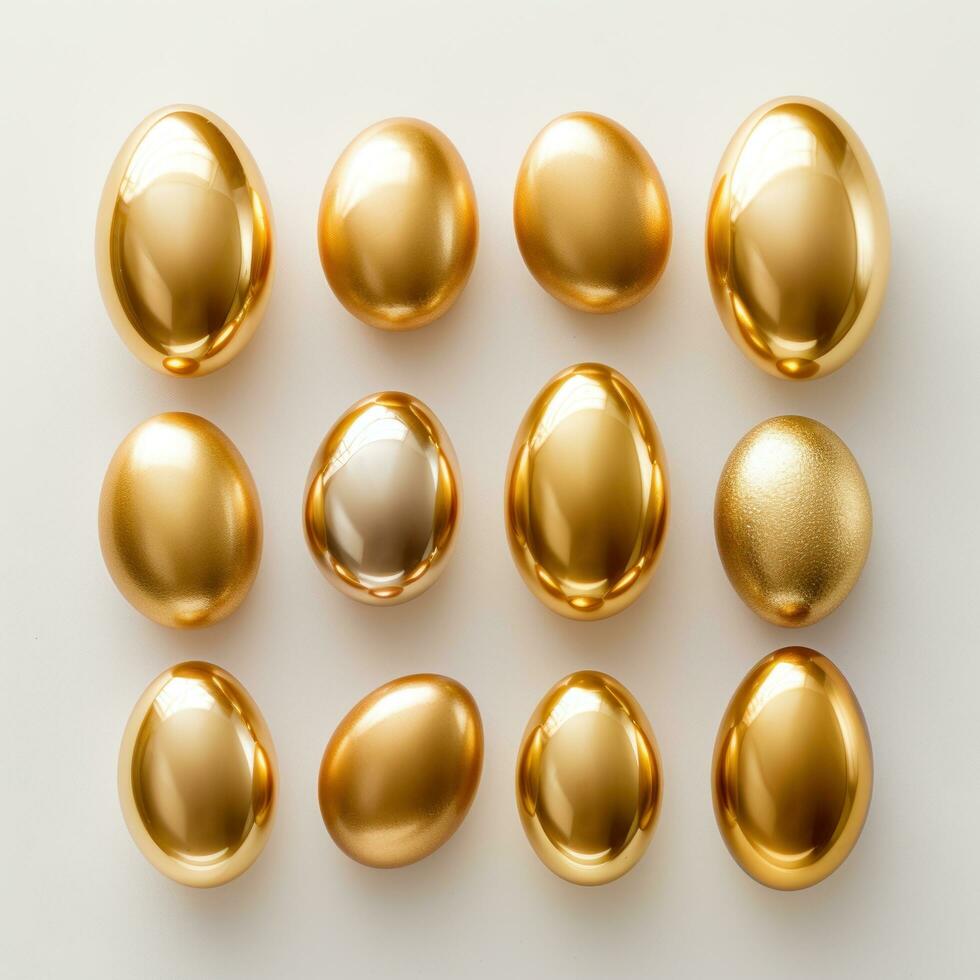 AI generated golden easter eggs on white background, photo