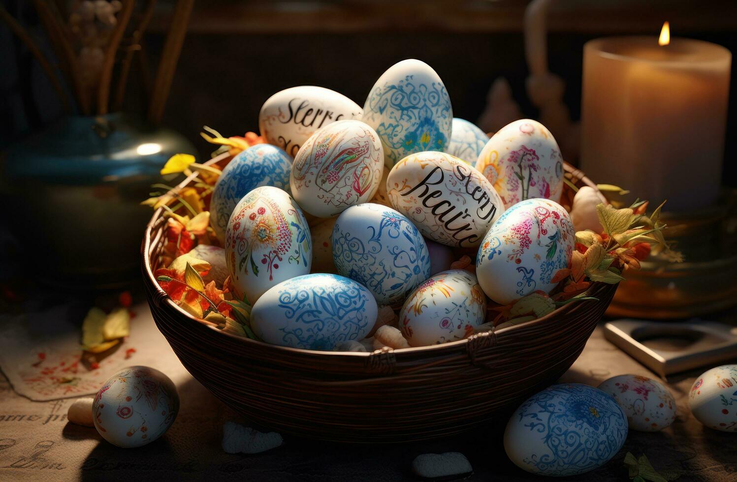 AI generated easter eggs and spring flowers in a basket, photo
