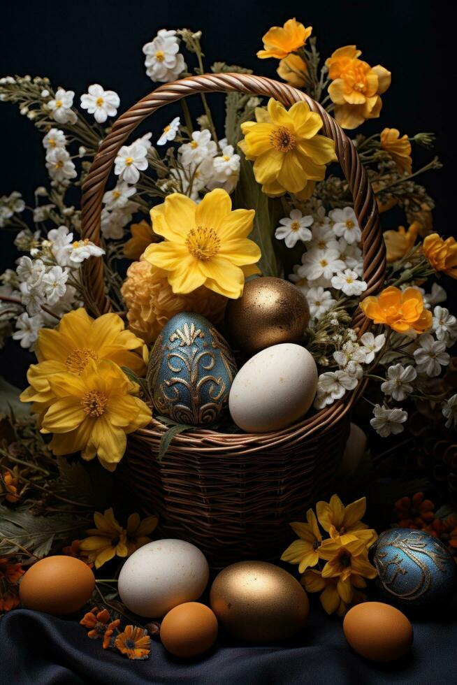 AI generated easter eggs and spring flowers in a basket, photo