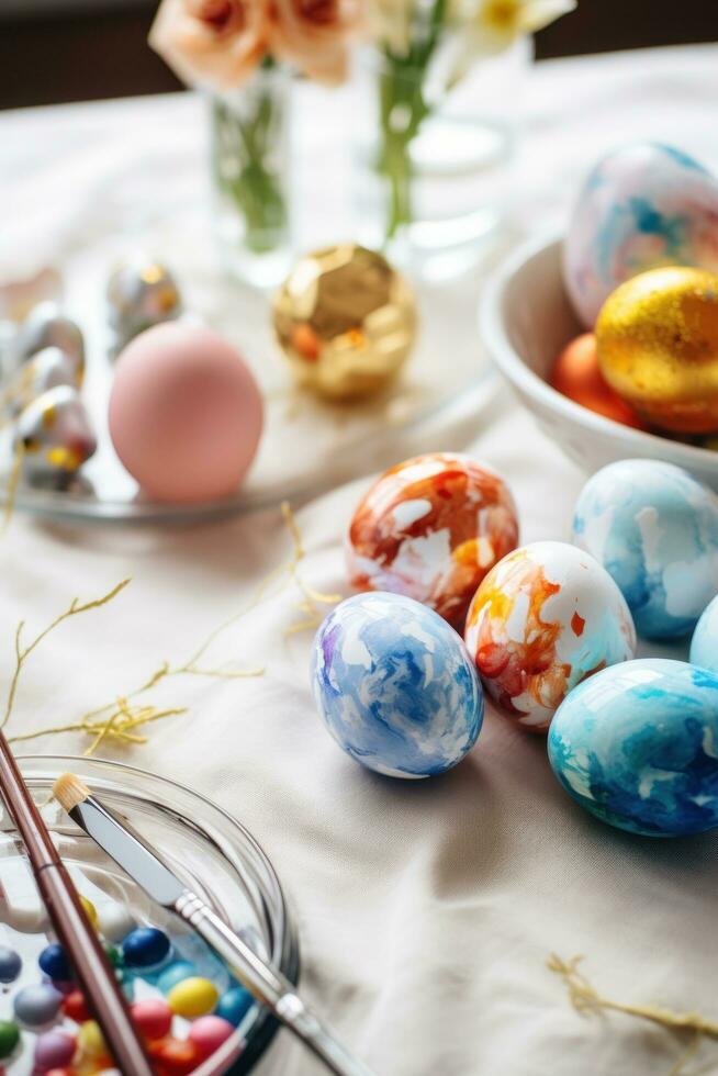 AI generated easter kit of eggs with colors and stickers on table, photo