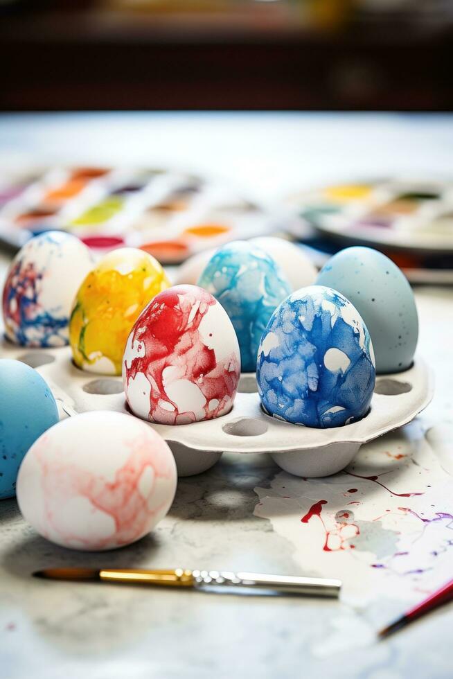 ai generado Pascua de Resurrección equipo de huevos con colores y pegatinas en mesa, foto