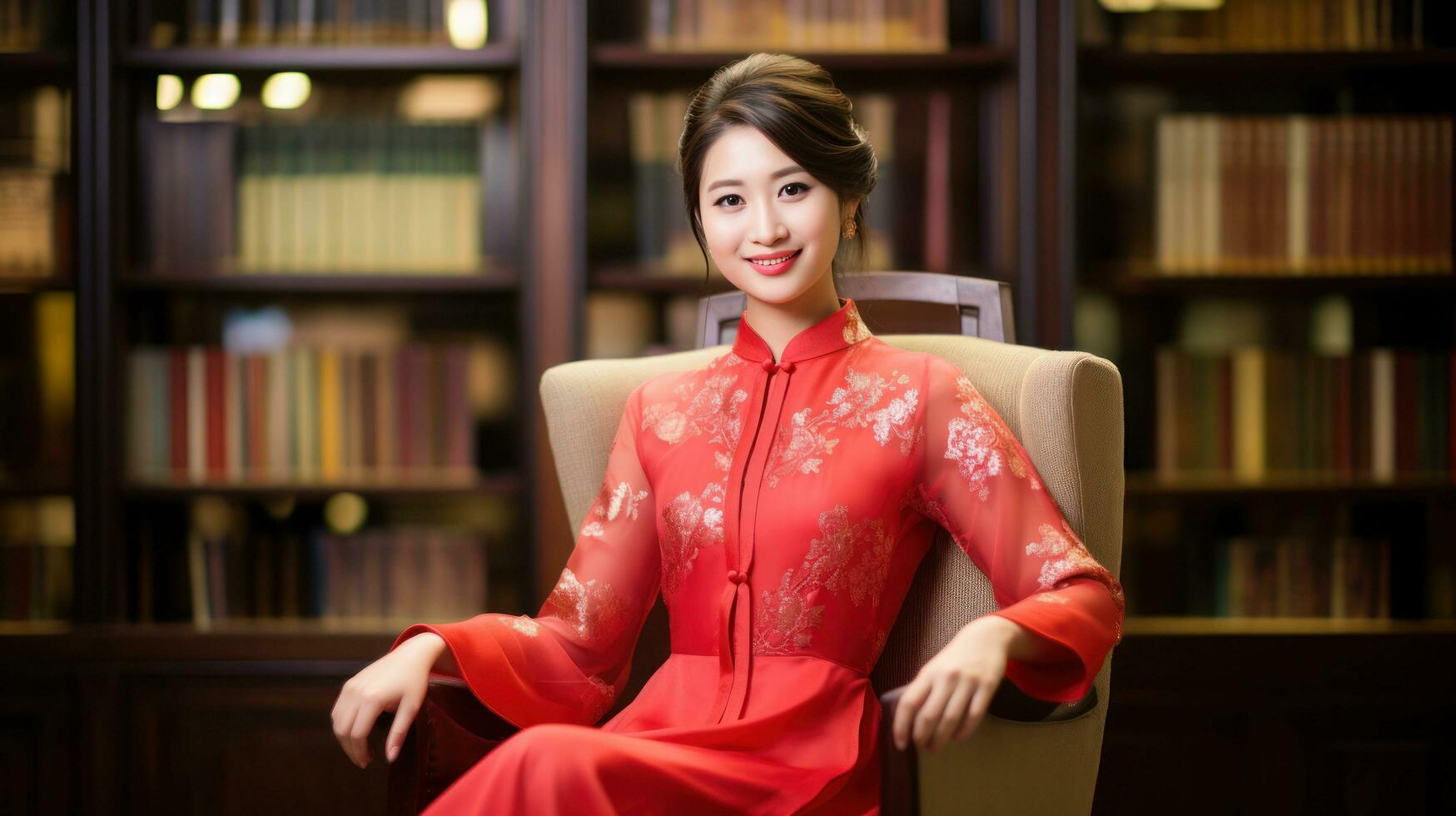 AI generated Fashion photography portrait, Chinese female teacher wearing light red Chinese photo