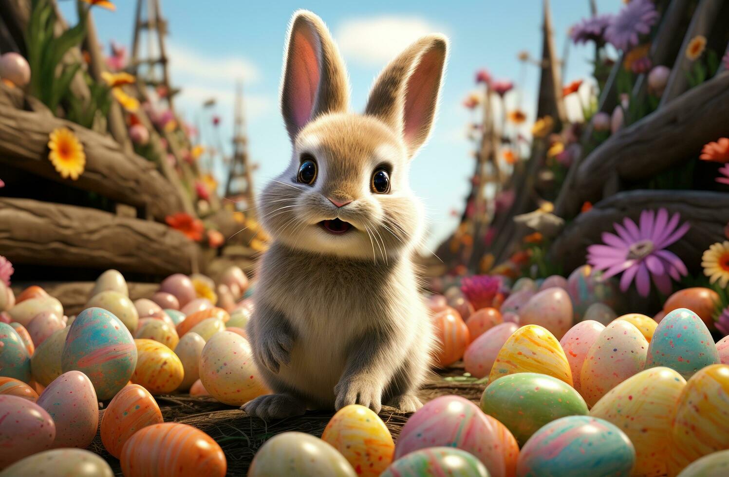 AI generated cute bunny with colored eggs that are gathered on the ground, photo