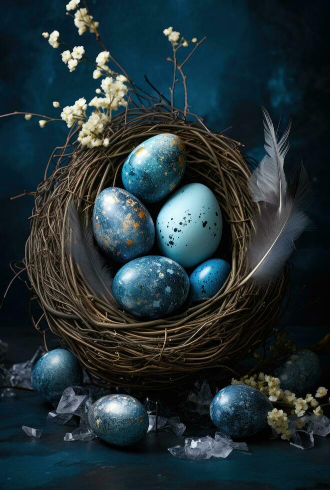 AI generated colorful easter eggs in a nest with stars and stars, photo