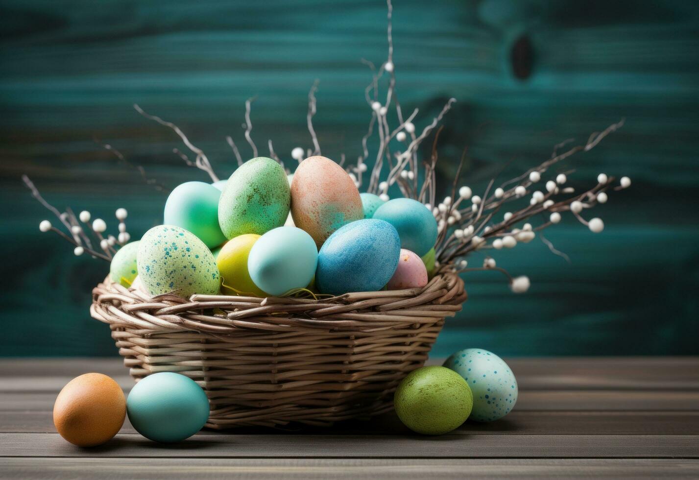 AI generated colorful wicker basket with Easter eggs inside for springEaster photo