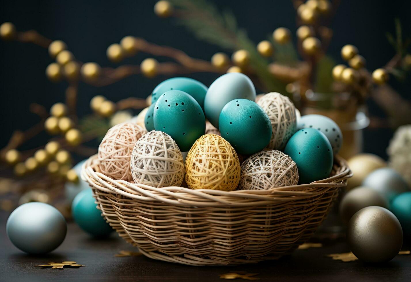 AI generated colorful wicker basket with Easter eggs inside for springEaster photo