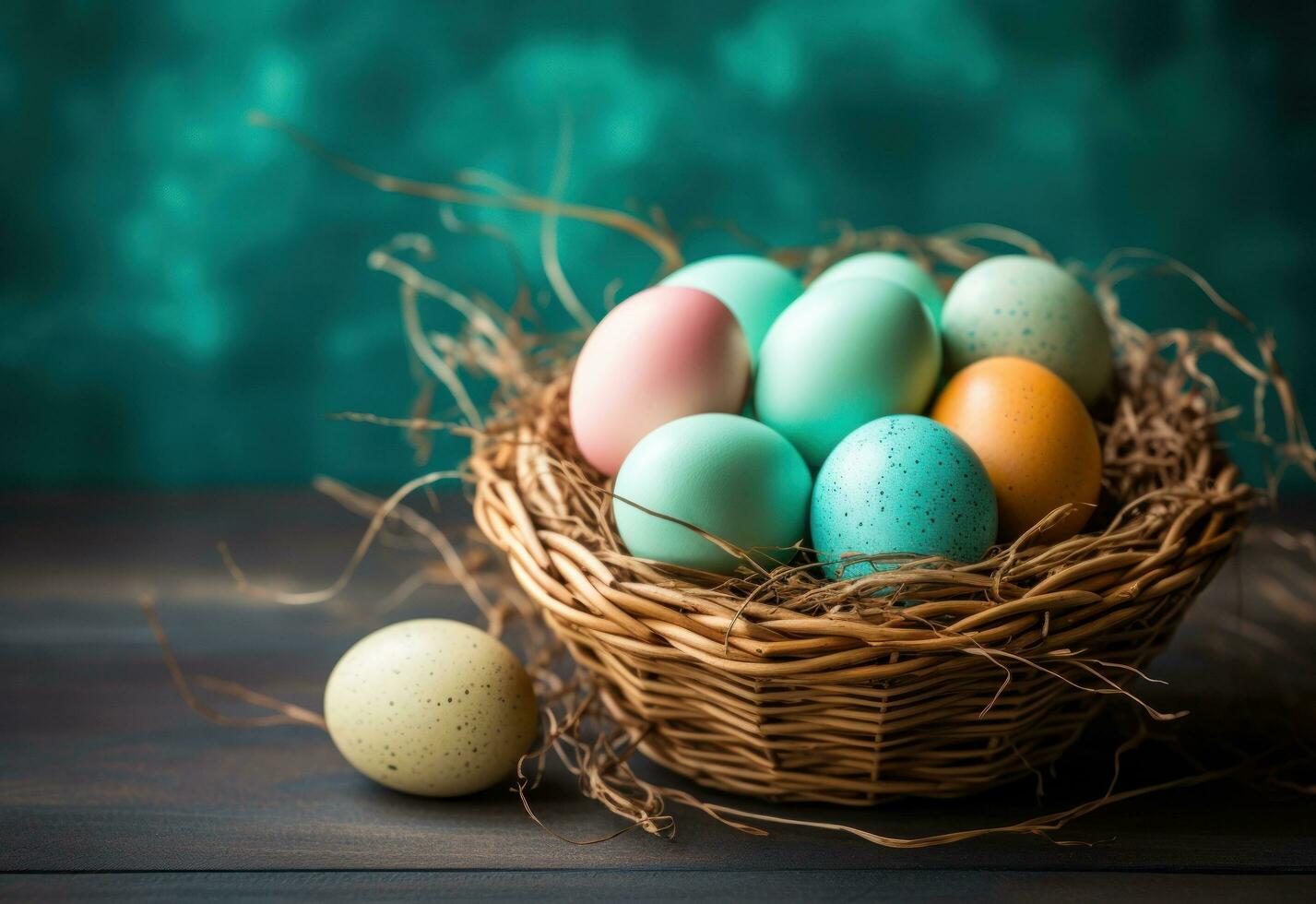 AI generated colorful wicker basket with Easter eggs inside for springEaster photo