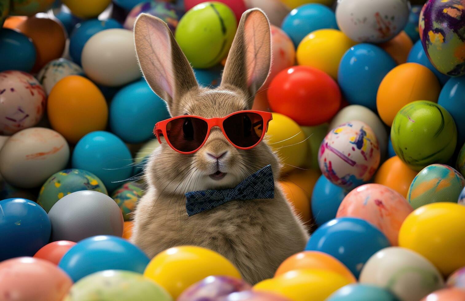 AI generated bunny in glasses standing amongst tons of colored easter eggs, photo