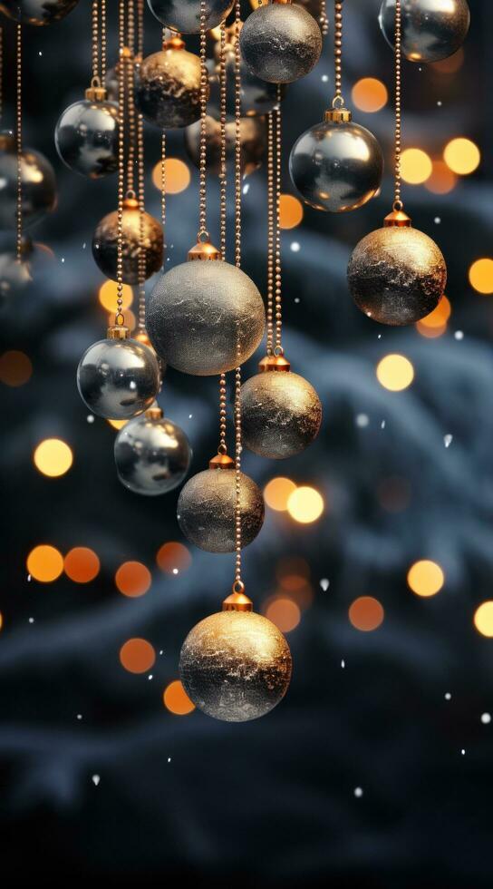 AI generated christmas baubles with lights hanging from a tree, photo