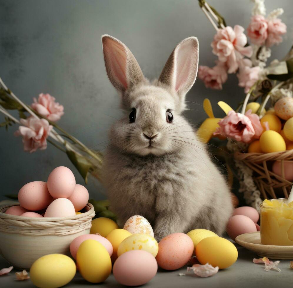 AI generated an easter bunny sits near a basket of eggs, photo