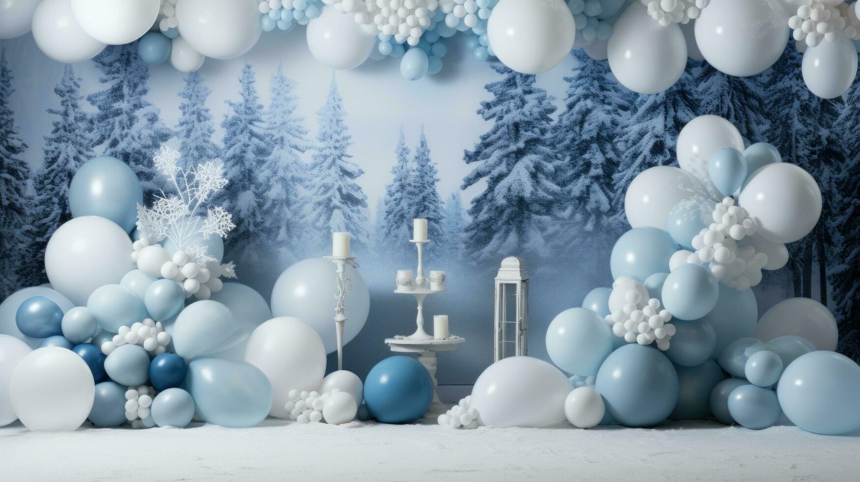 AI generated Create a magical winter scene with this beautiful blue and white balloon backdrop perfect photo