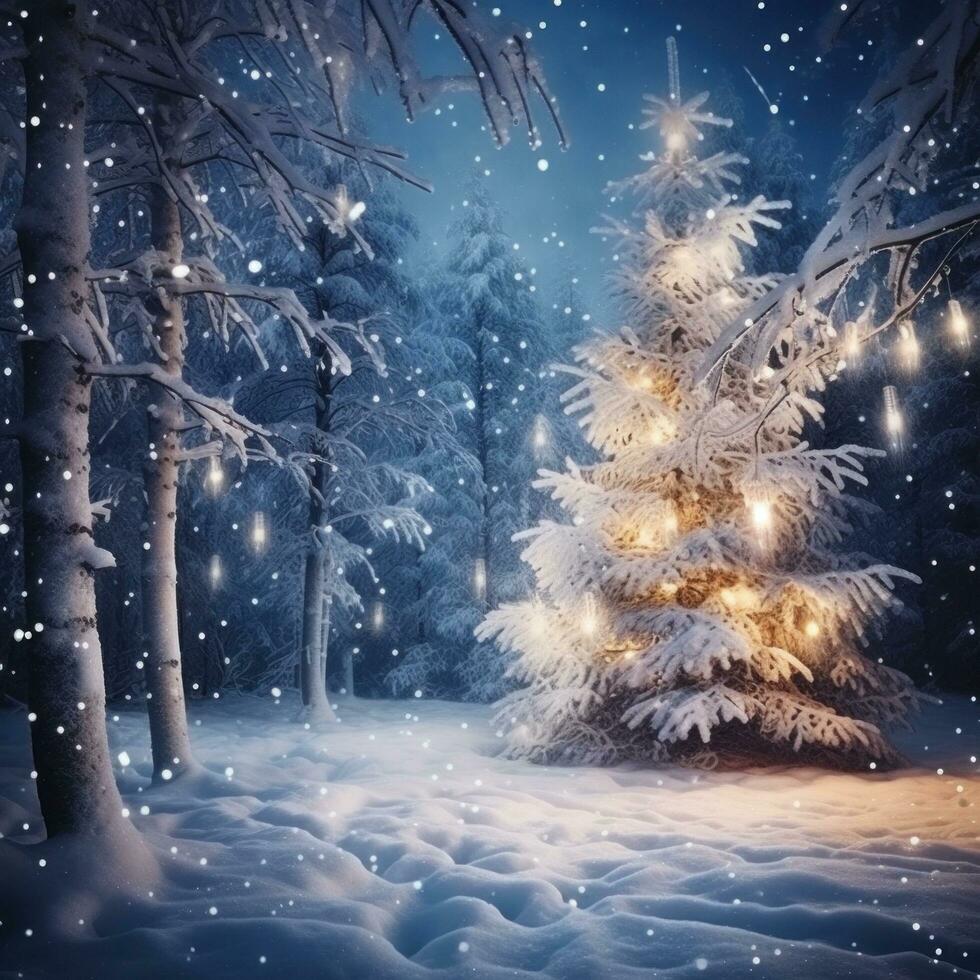 AI generated Winter forest with illuminated Christmas tree photo