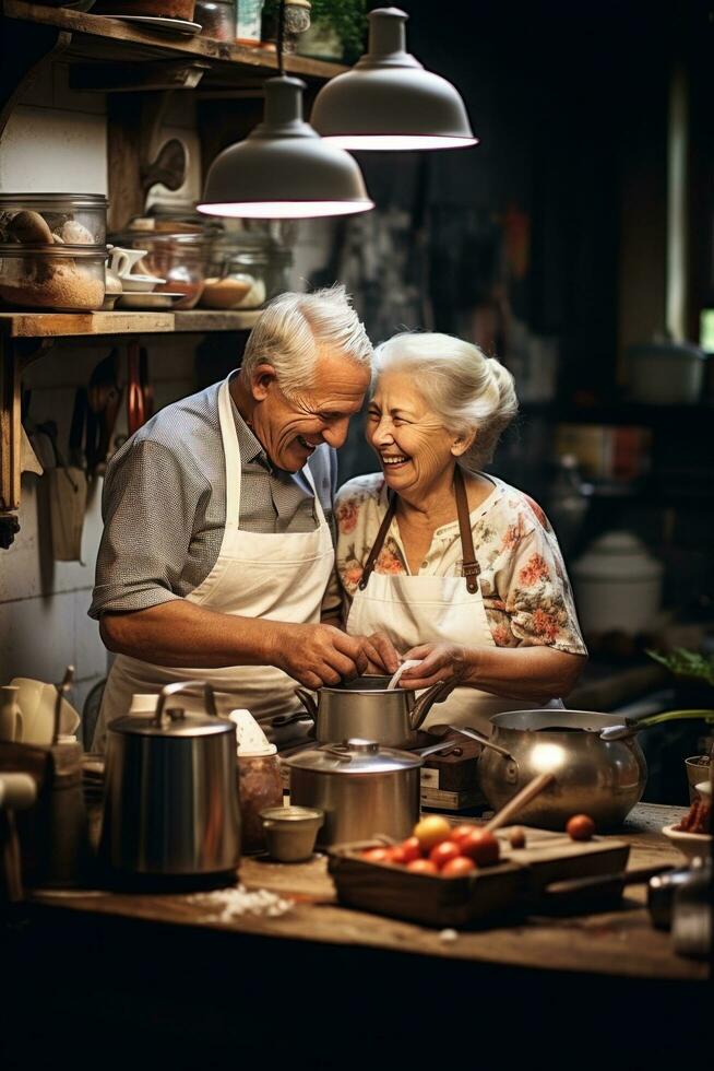 AI generated elderly couple cooking breakfast together in their cozy cabin kitchen photo