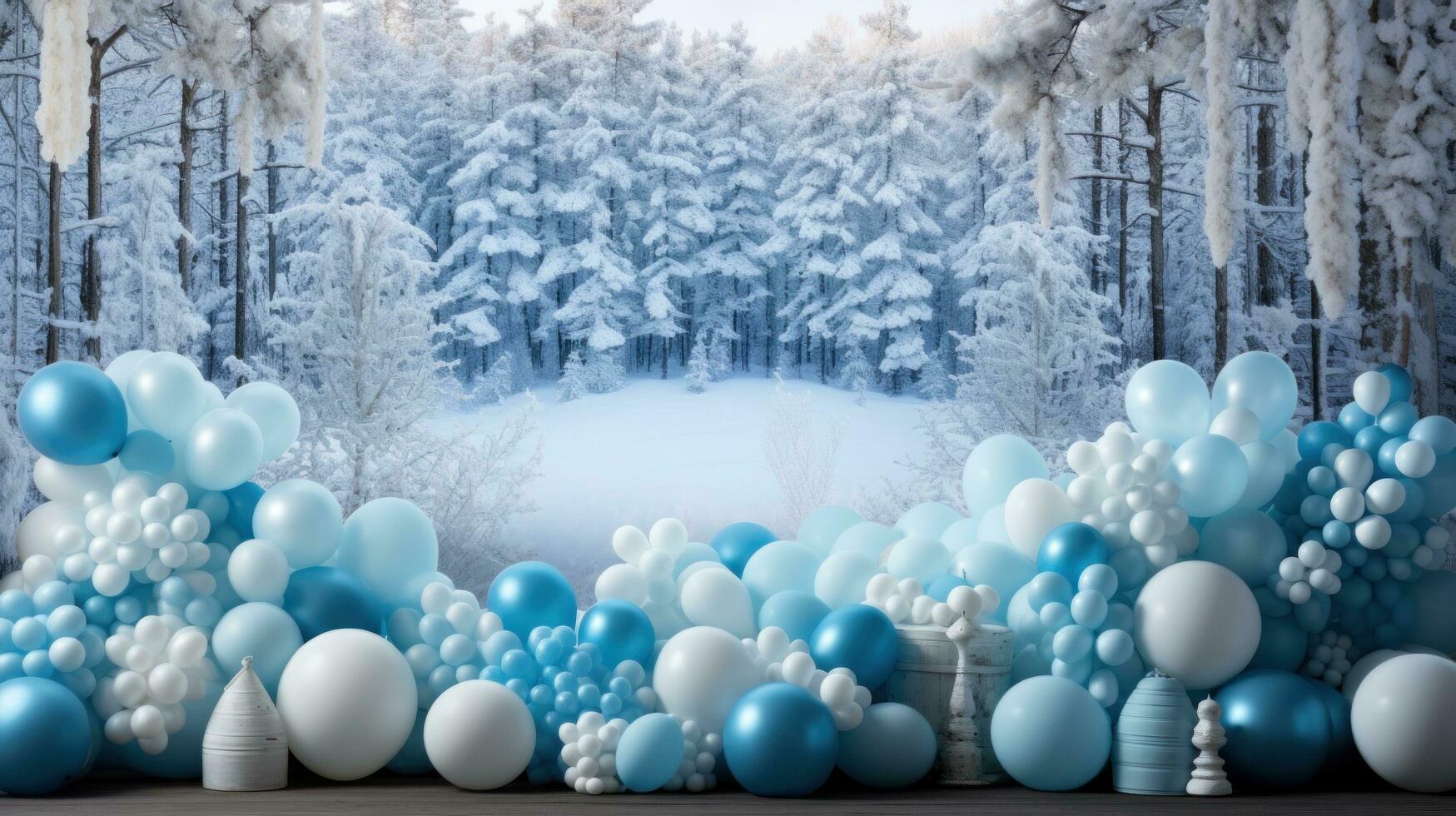 AI generated Create a magical winter scene with this beautiful blue and white balloon backdrop perfect photo