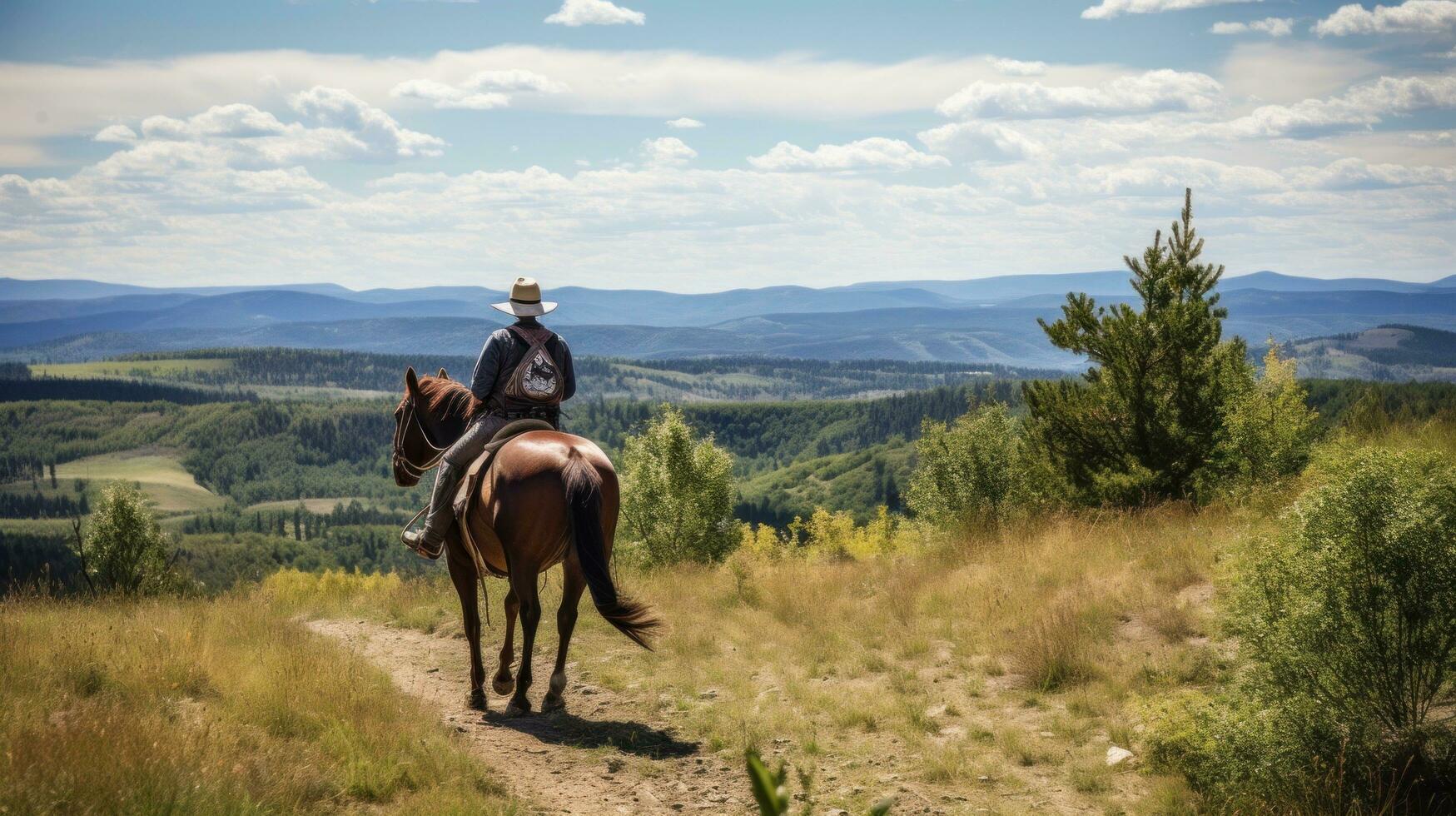 AI generated A rider and horse traversing a winding mountain trail, with stunning views of landscape photo