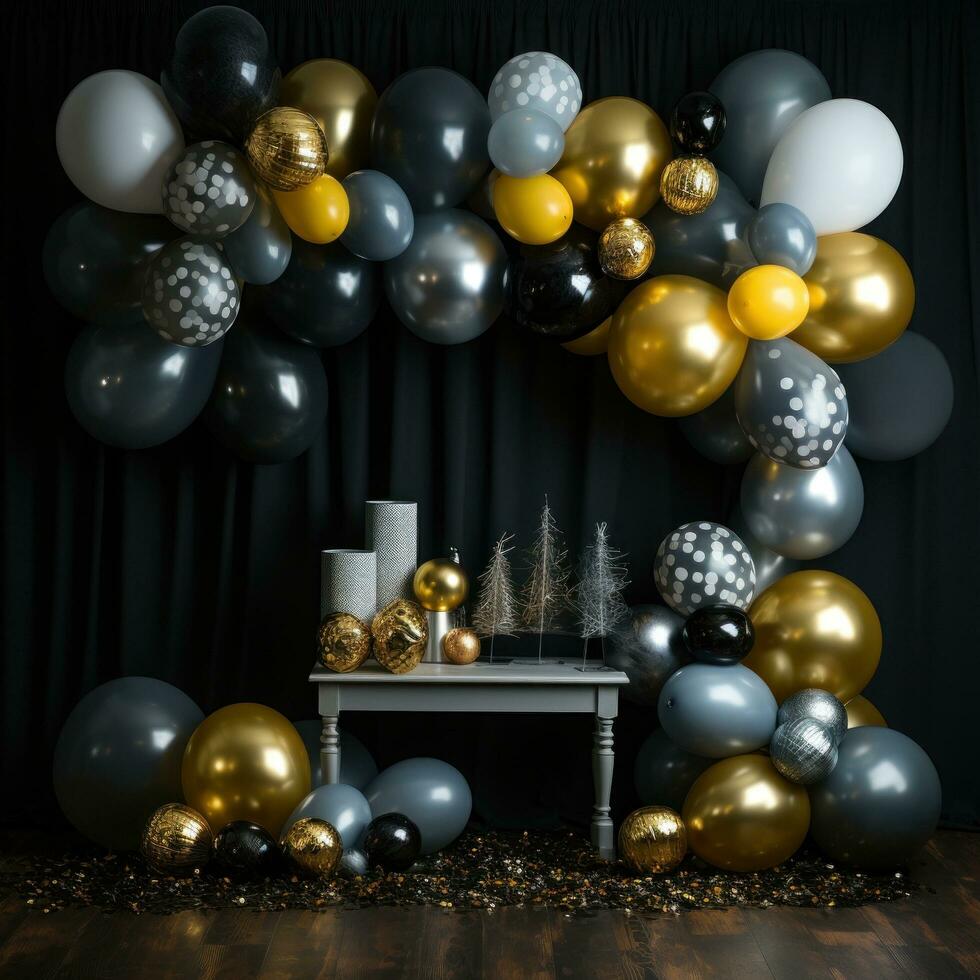 AI generated new year with this vibrant backdrop featuring metallic gold and silver balloons against a black photo