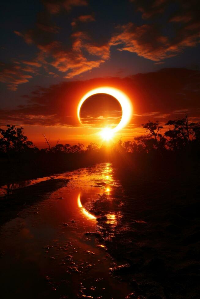 AI generated solar eclipse, with the moon casting a shadow over the sun and creating a stunning visual effect photo