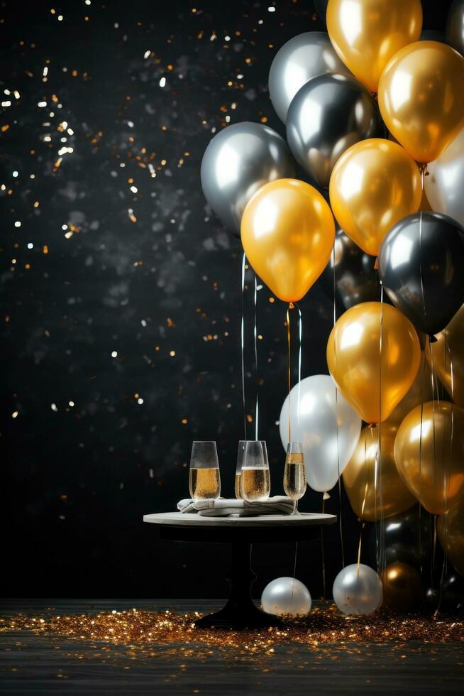 AI generated new year with this vibrant backdrop featuring metallic gold and silver balloons against a black photo