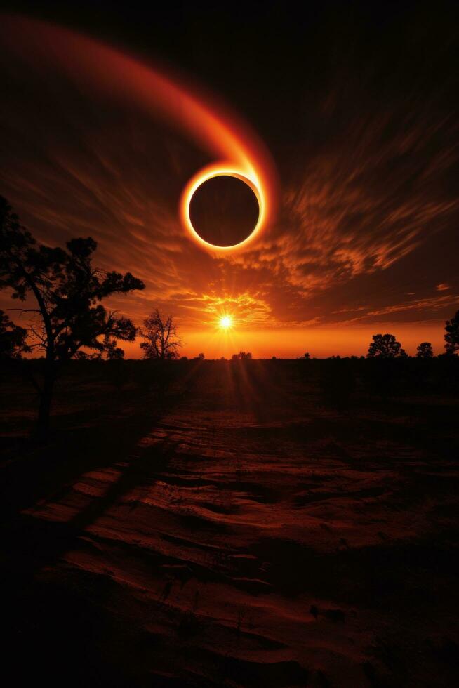 ai generado solar eclipse, con el Luna fundición un sombra terminado el Dom y creando un maravilloso visual efecto foto