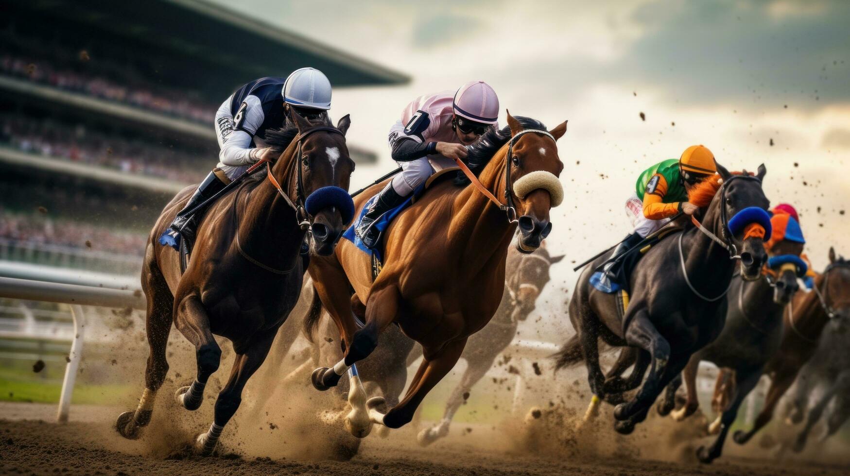 AI generated A thrilling shot of jockeys and their horses thundering past the finish line at a racetrack photo