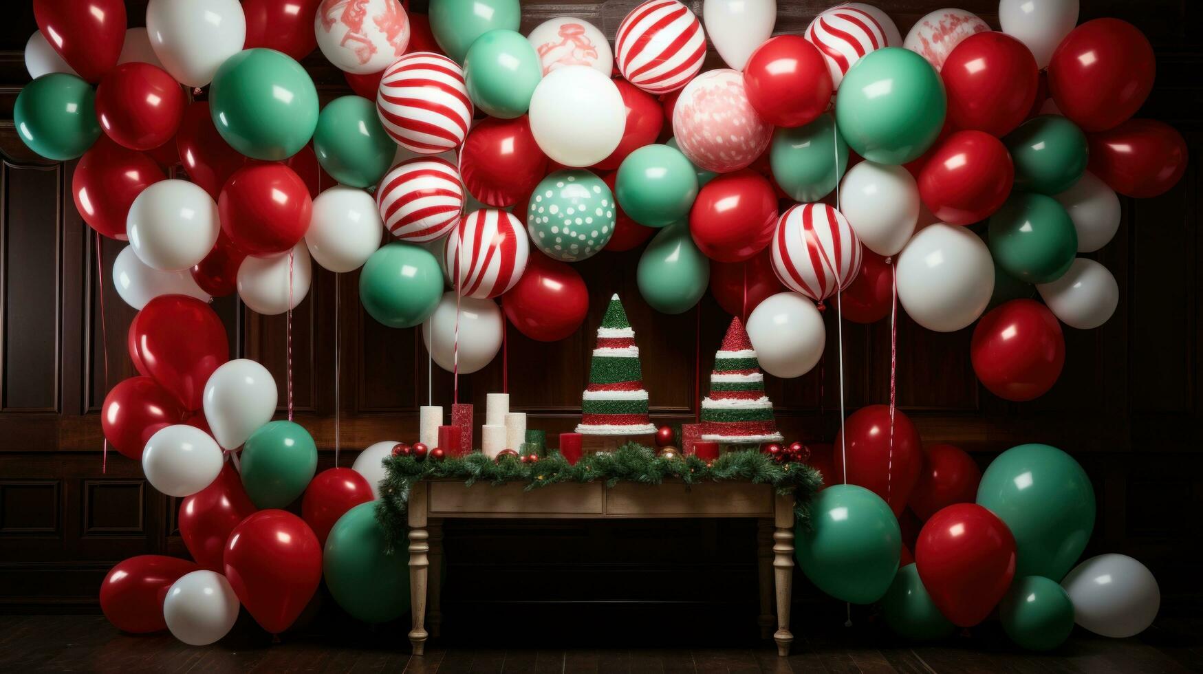 AI generated simple yet stylish balloon backdrop in shades of red, green, and white photo