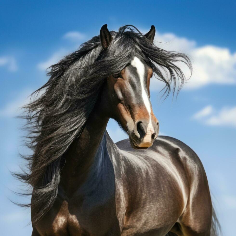 AI generated a powerful stallion with flowing mane and tail, standing proudly against a blue sky photo