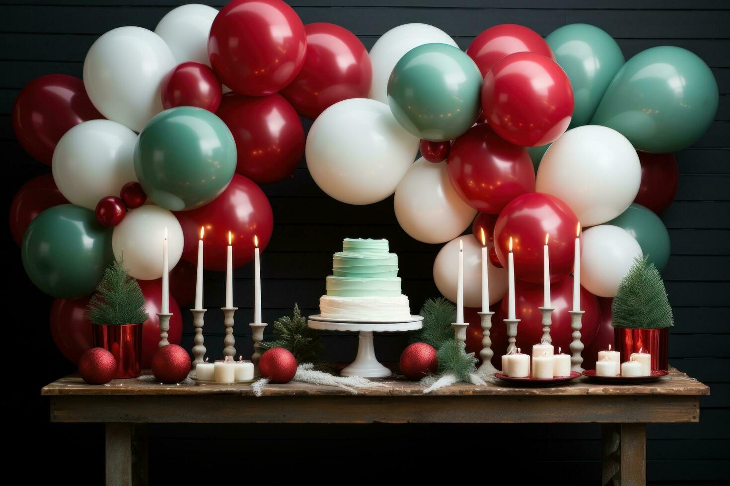 AI generated simple yet stylish balloon backdrop in shades of red, green, and white photo