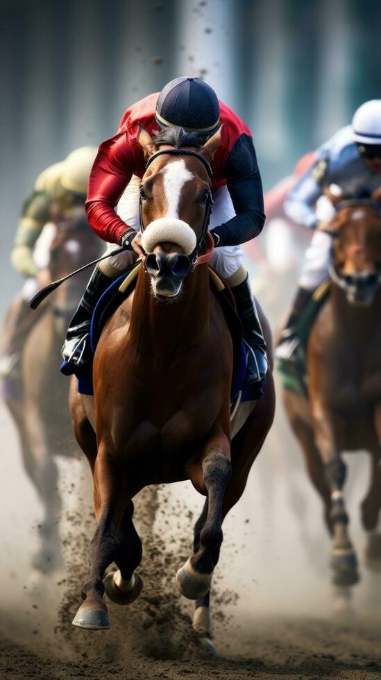 AI generated A thrilling shot of jockeys and their horses thundering past the finish line at a racetrack photo