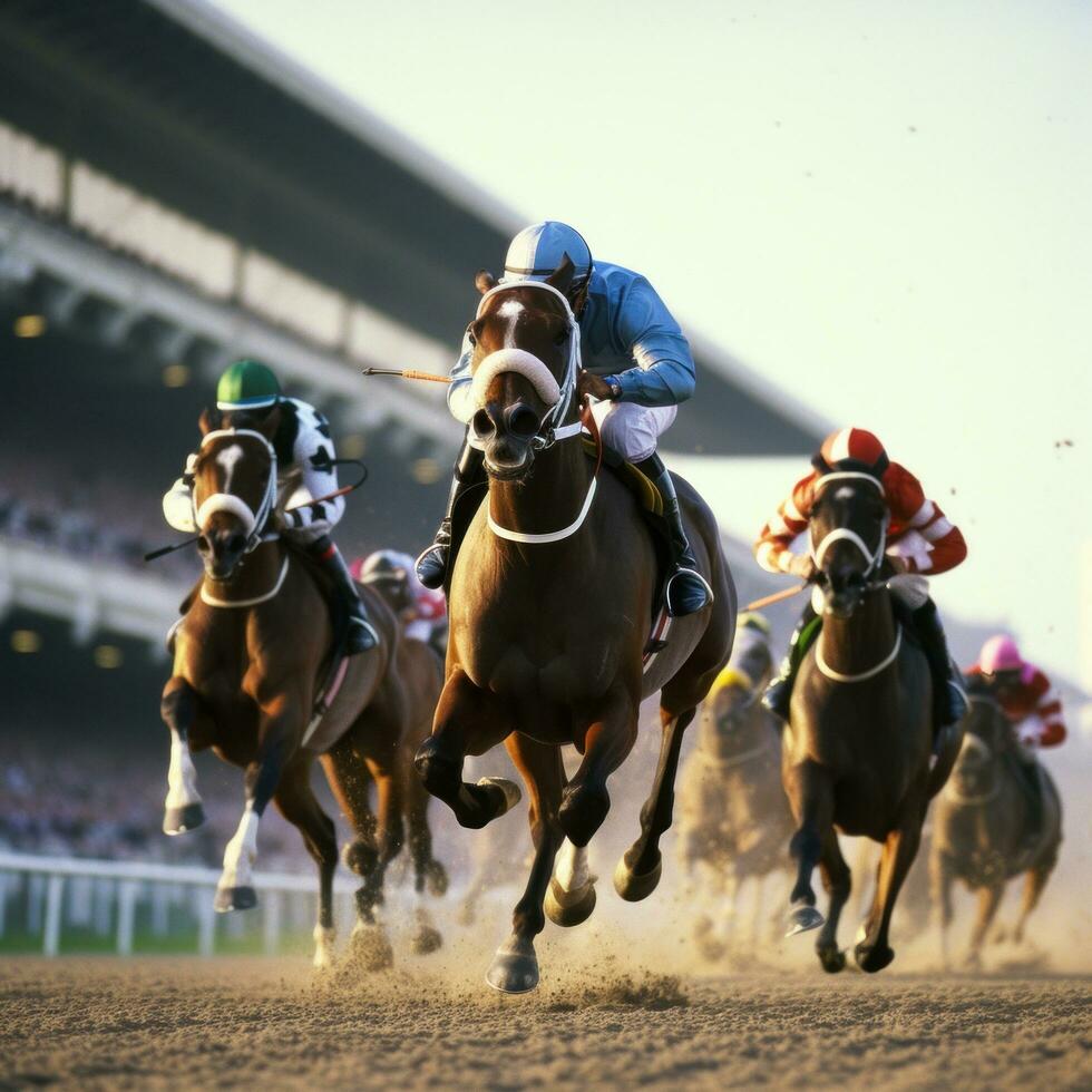 AI generated A thrilling shot of jockeys and their horses thundering past the finish line at a racetrack photo