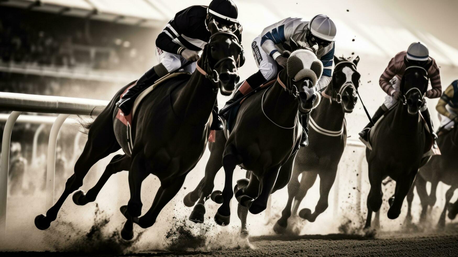 AI generated A thrilling shot of jockeys and their horses thundering past the finish line at a racetrack photo