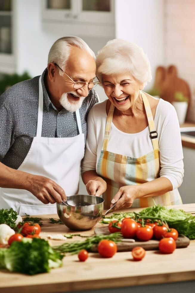 AI generated an elderly couple is seen cooking breakfast together in their quaint kitchen photo