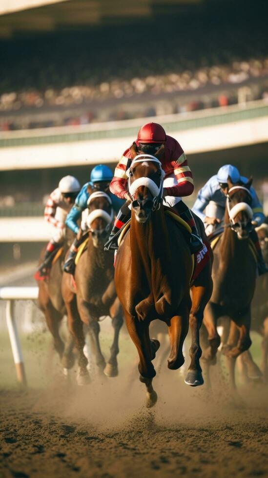 AI generated A thrilling shot of jockeys and their horses thundering past the finish line at a racetrack photo