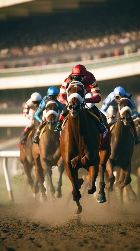 ai generado un emocionante Disparo de jinetes y su caballos tremendo pasado el terminar línea a un pista foto