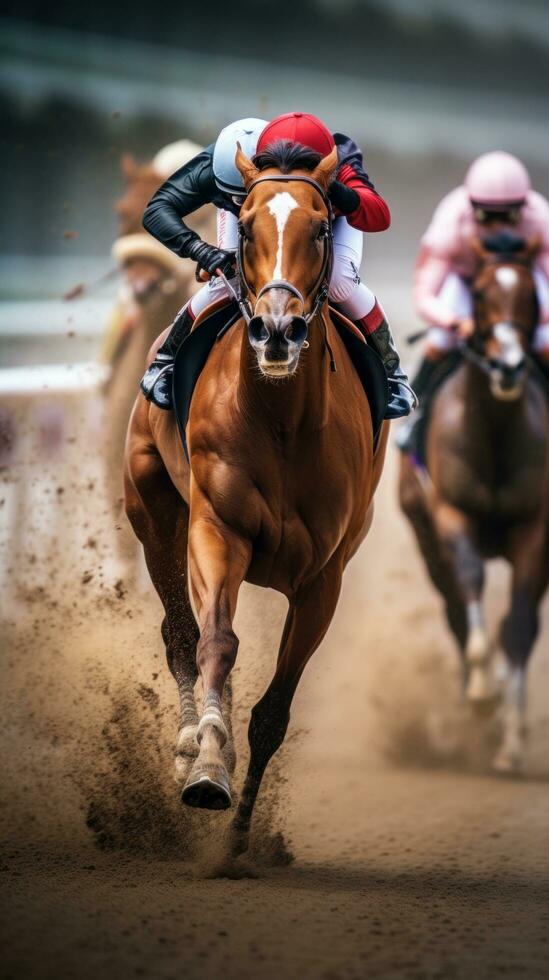 AI generated A thrilling shot of jockeys and their horses thundering past the finish line at a racetrack photo