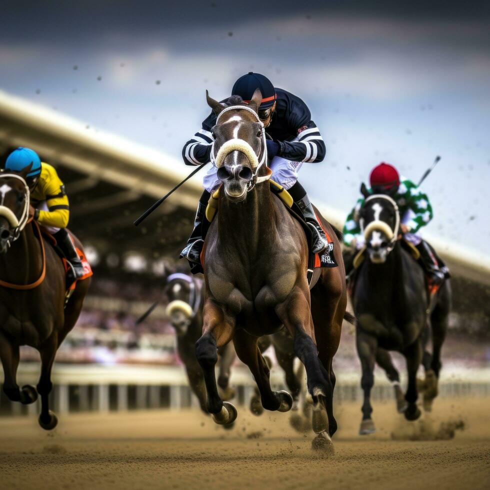 AI generated A thrilling shot of jockeys and their horses thundering past the finish line at a racetrack photo
