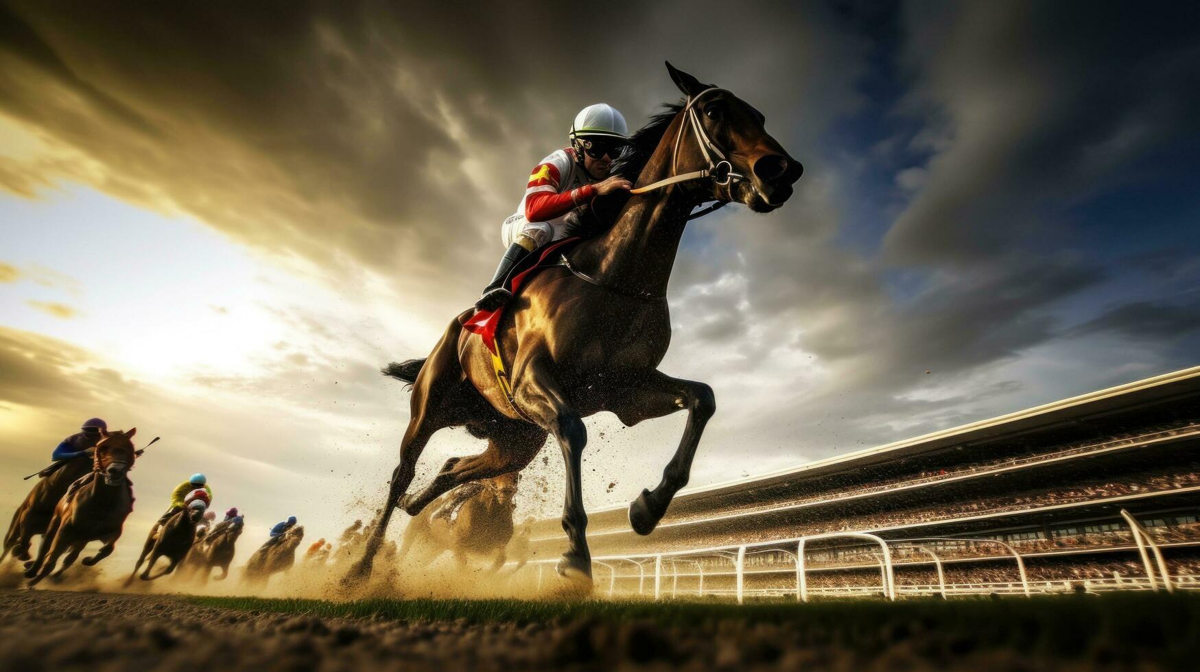 AI generated A thrilling shot of jockeys and their horses thundering past the finish line at a racetrack photo
