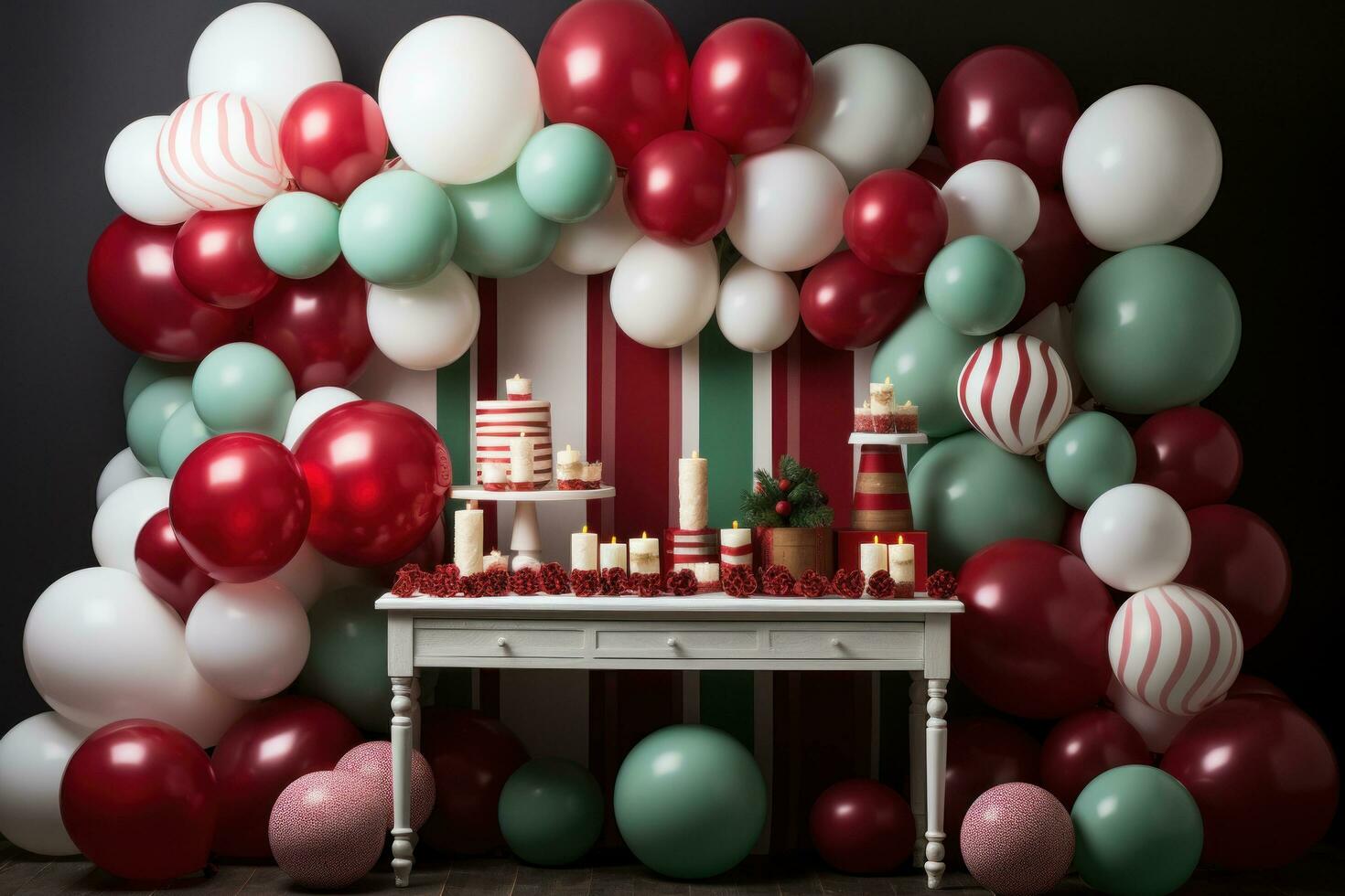 AI generated simple yet stylish balloon backdrop in shades of red, green, and white photo
